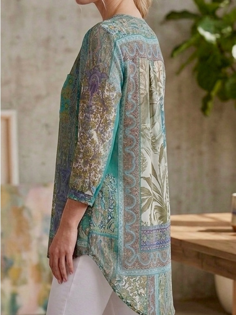 Light Teal Floral-Print Tunic Top